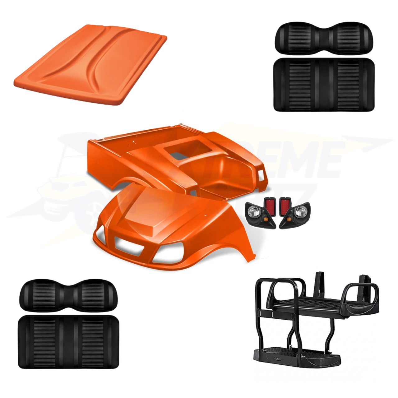 Club Car DS Spartan 5pc Upgrade Kit:
Body Kit - Orange, Extreme Seat -Black/Black, 80" Top - Orange, Rear Seat Kit - Max5 (without cupholder)