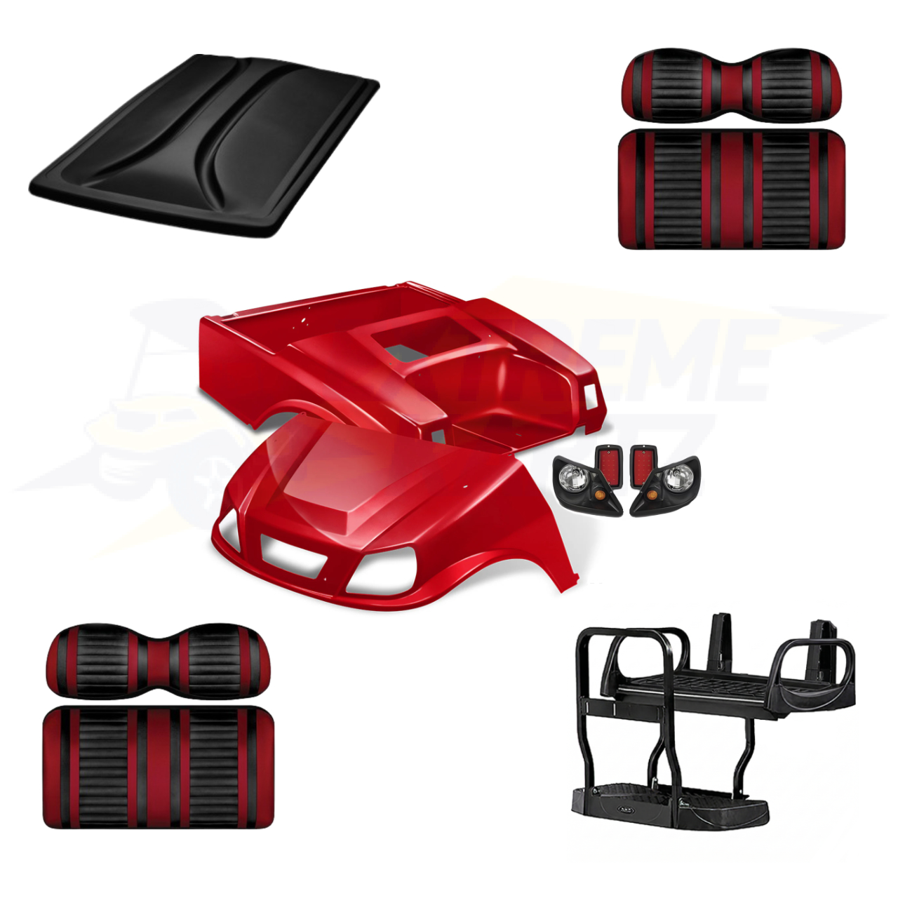 Club Car DS Spartan 5pc Upgrade Kit:
Body Kit - Ruby, Extreme Seat -Black/Ruby, 80" Top - Black, Rear Seat Kit - Max5 (without cupholder)