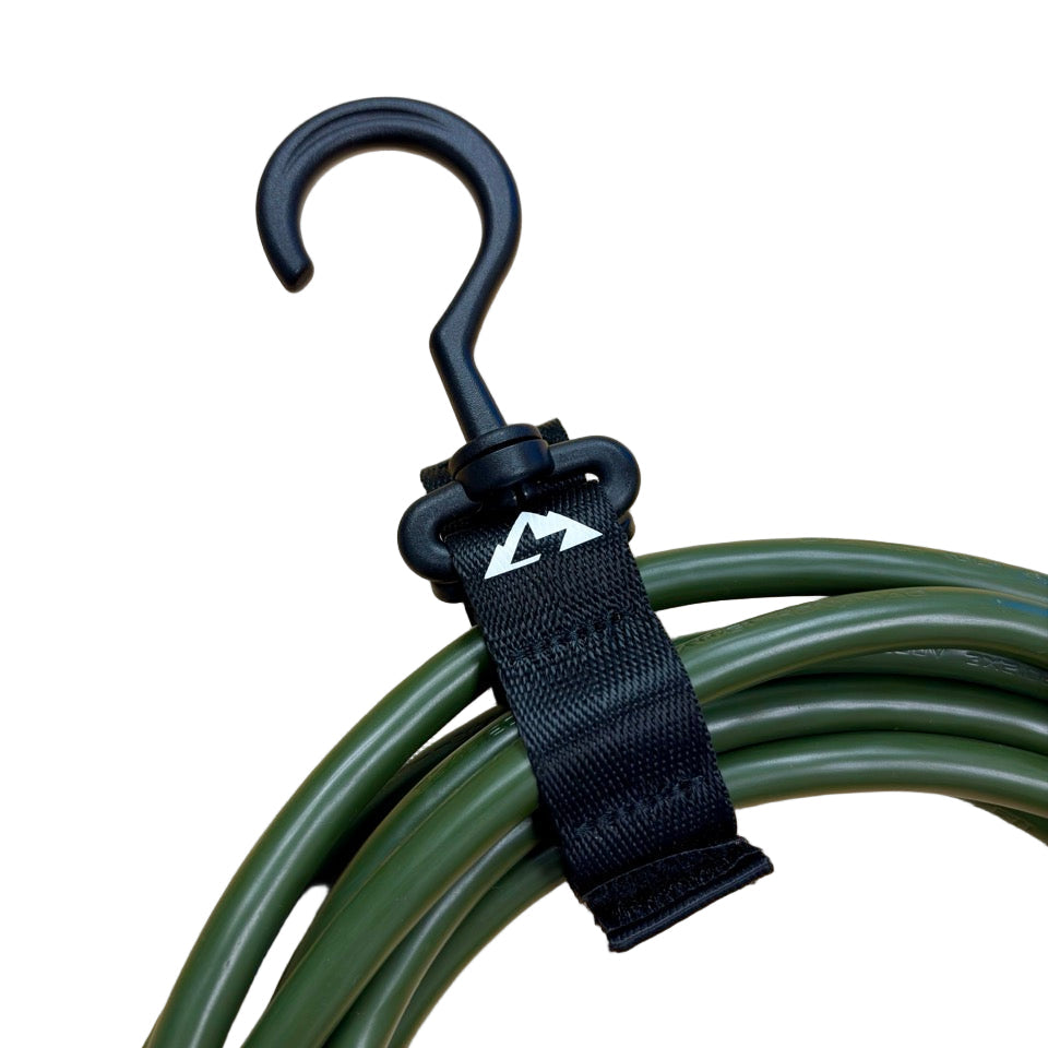 Black hook with green cable on a white background