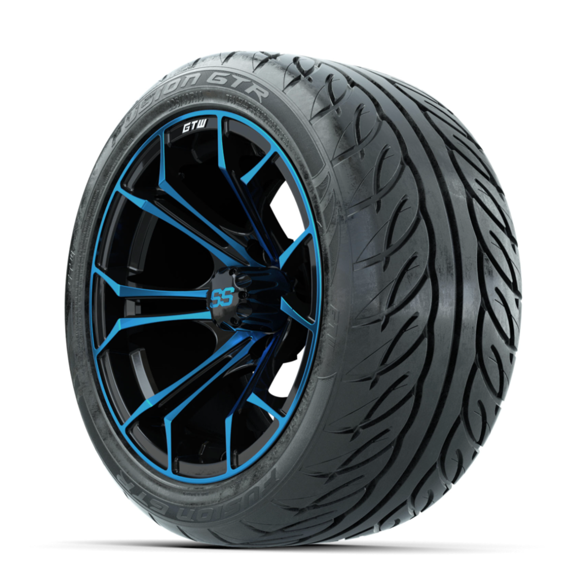 GTW Spyder Blue/Black 14 in Wheels with 225/40-R14 Fusion GTR Street Tires Full Set