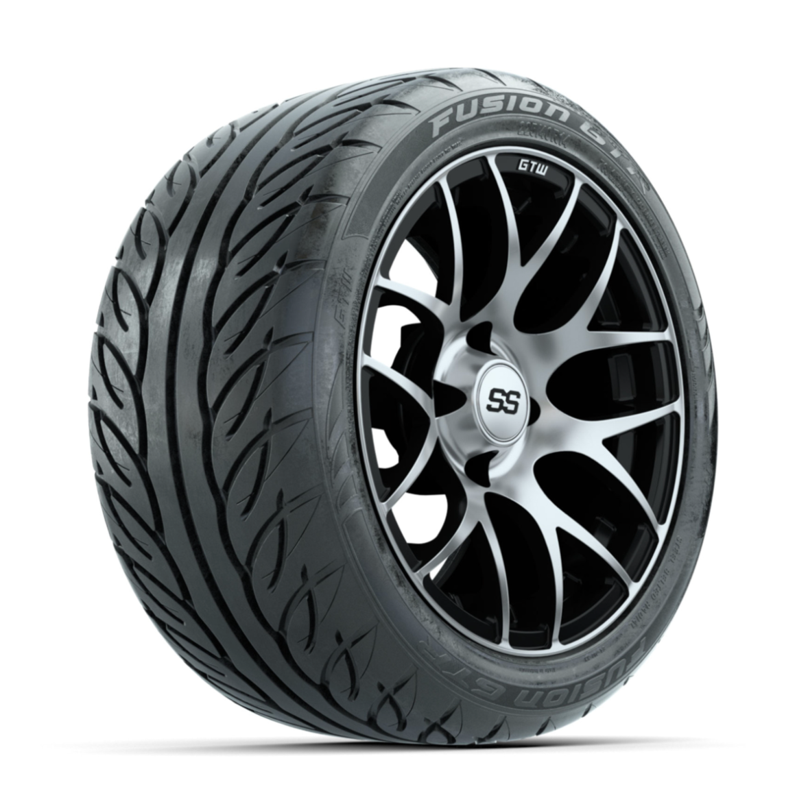 GTW Pursuit Machined/Black 14 in Wheels with 225/40-R14 Fusion GTR Street Tires Full Set