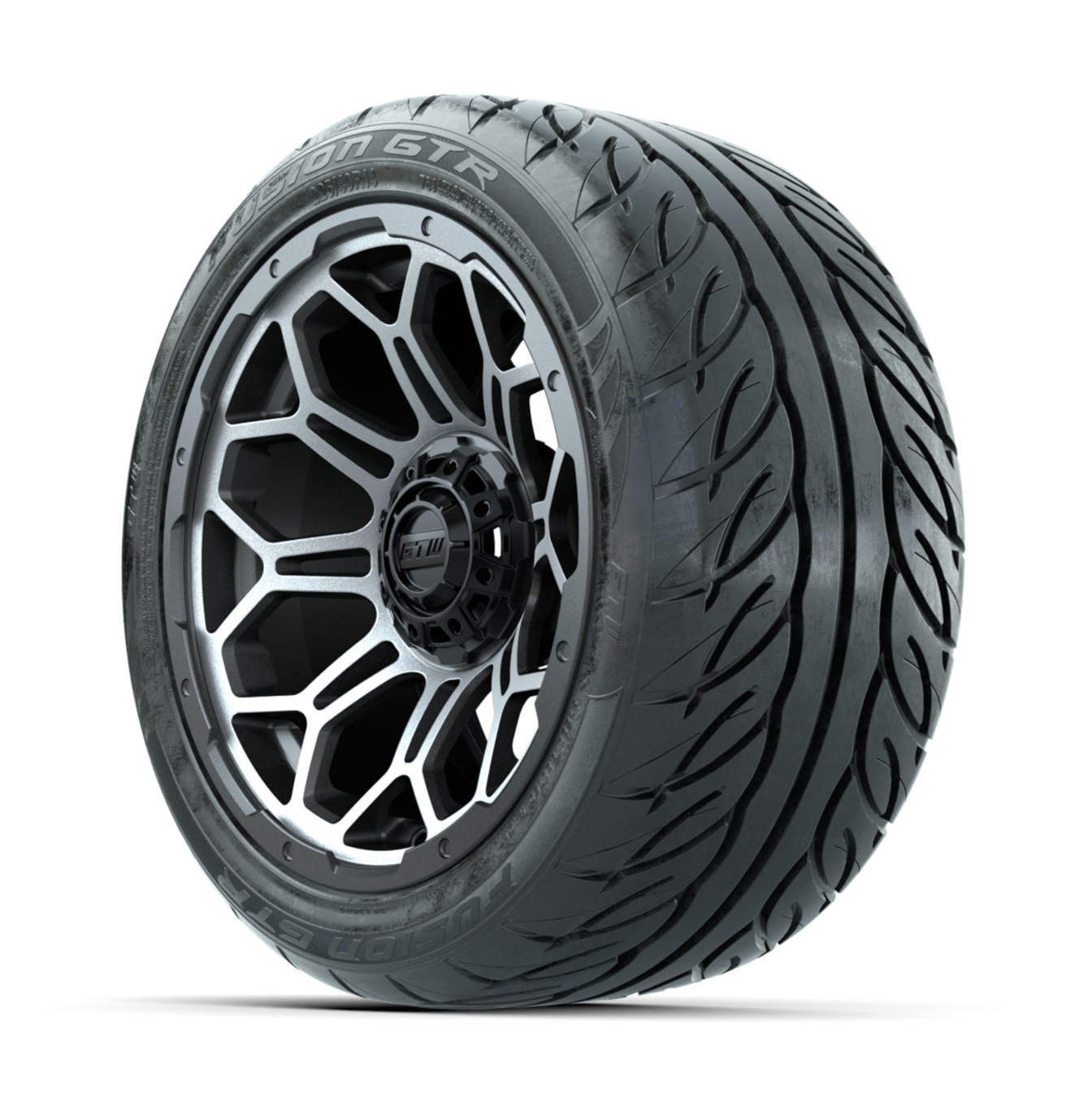 GTW Bravo Machined/Matte Grey 14 in Wheels with 225/40-R14 Fusion GTR Street Tires Full Set