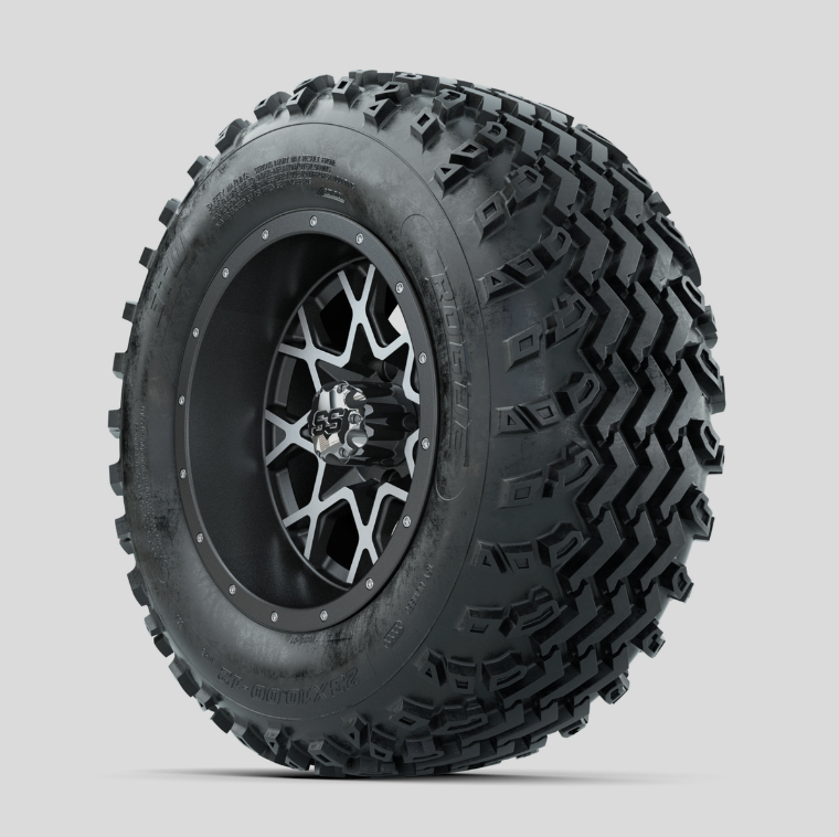 GTW Vortex Machined/Matte Grey 12 in Wheels with 23x10.00-12 Rogue All Terrain Tires Full Set