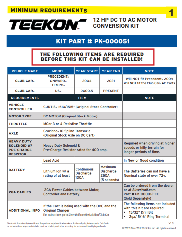 TEEKON Club Car Precedent / DS / Onward DC to AC Conversion Kit -840amp Controller & 9kw Motor - by SilverWolf