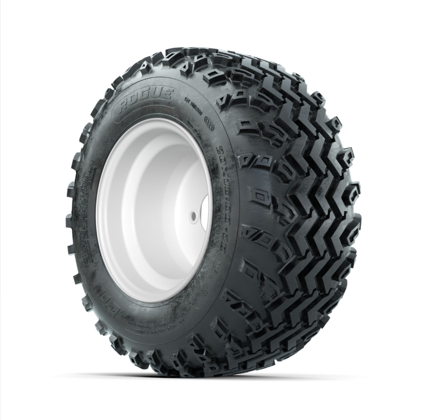 GTW Steel White 3:5 Offset 10 in Wheels with 20x10.00-10 Rogue All Terrain Tires Full Set