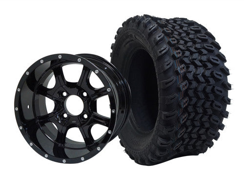 SGC 12" Night Stalker Glossy Black Wheel - Aluminum Alloy STEELENG 23"x10.5"-12" All Terrain Tire - SET of 4
