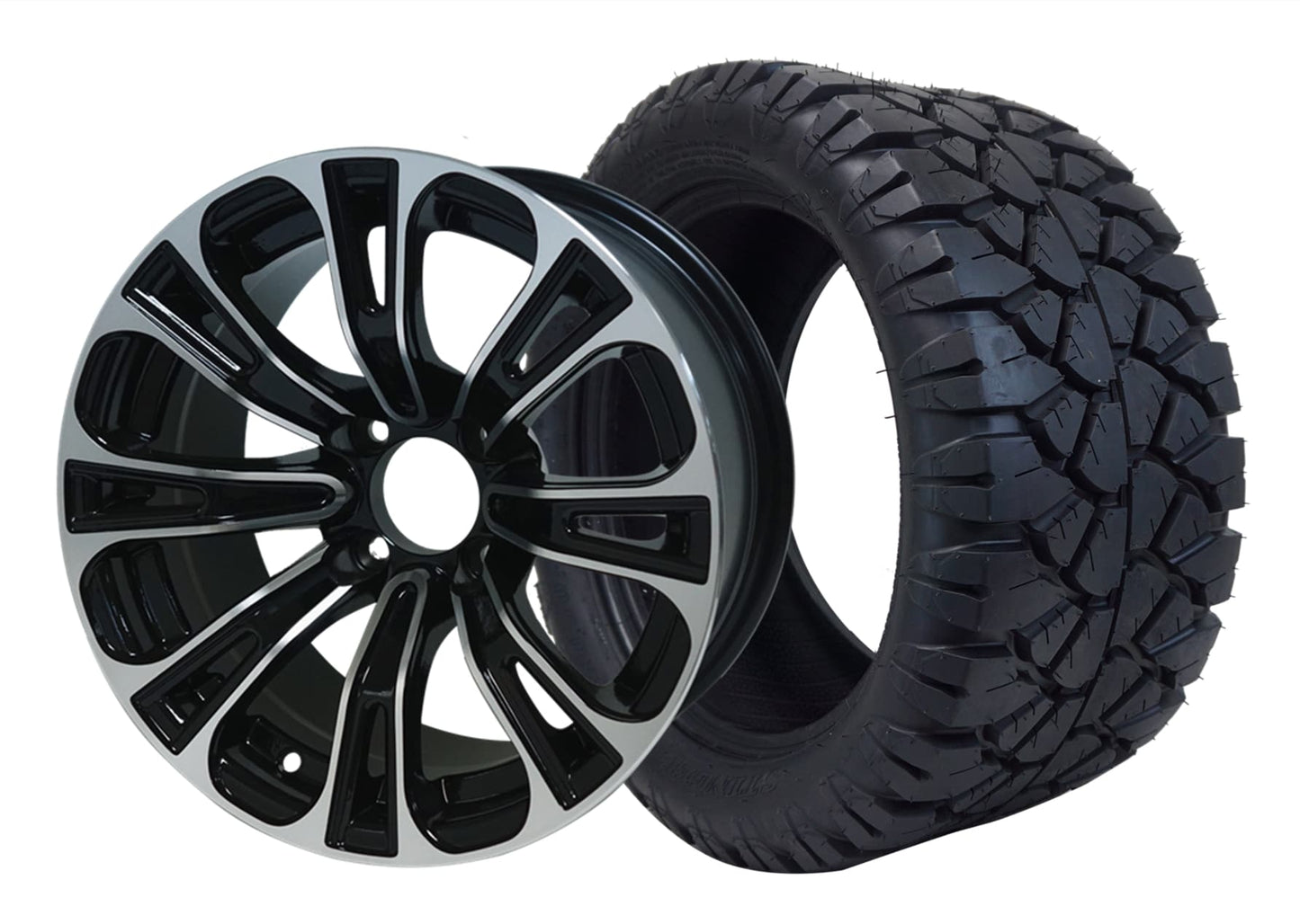 14" SGC Vector Machined Black with 23x10.5-14 STINGER All-Terrain - Golf Cart Wheel & Tire Combo