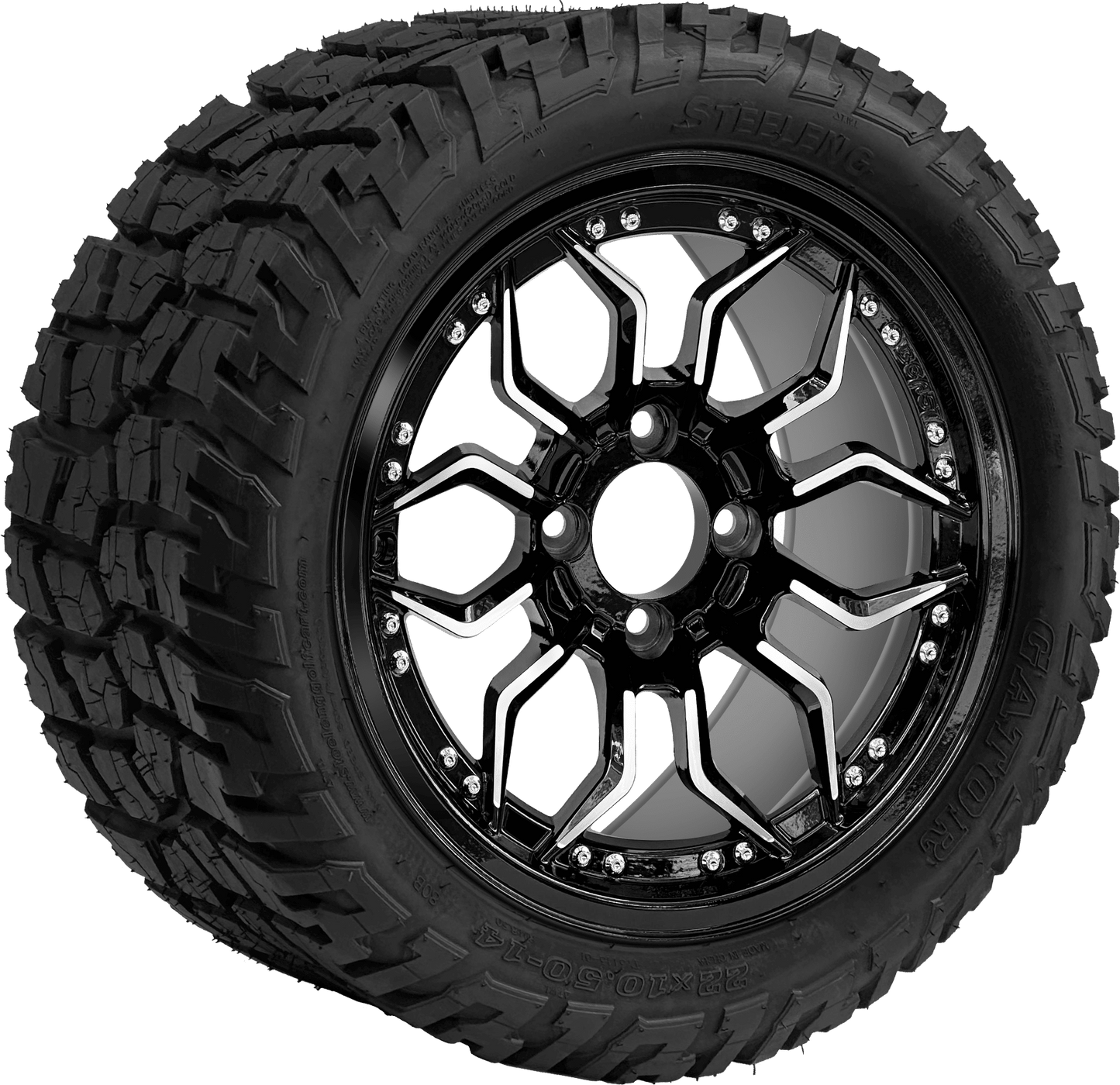 14" SGC Scorpion Machined Black with 22x10.5-14 GATOR All-Terrain - Golf Cart Wheel & Tire Combo