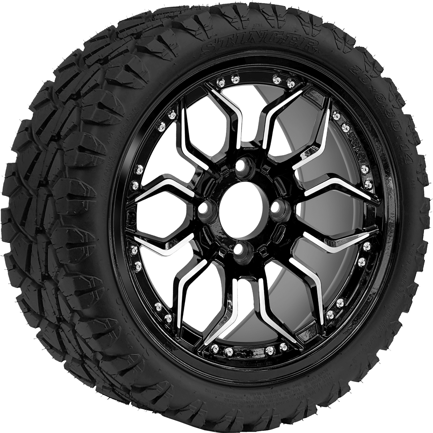 14" SGC Scorpion Machined Black with 20x8.5-14 STINGER All-Terrain - Golf Cart Wheel & Tire Combo