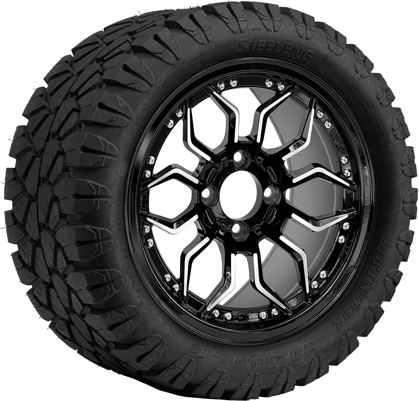 14" BEAST Scorpion Machined Black with 23x10.5-14 STINGER All-Terrain - Golf Cart Wheel & Tire Combo