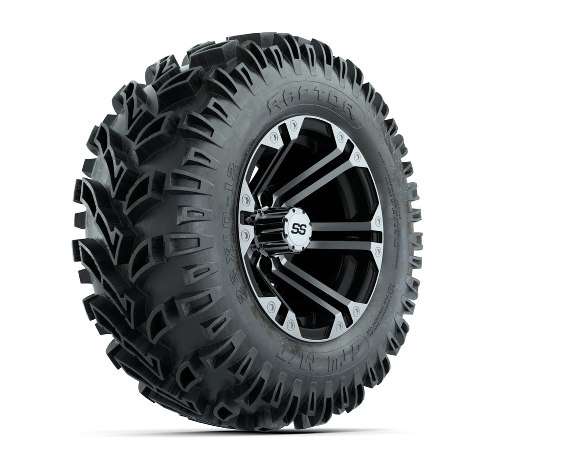 12 GTW Specter Black and Machined Wheels with 23 Raptor Mud Tires Set of 4