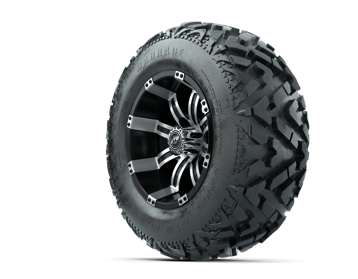 12 GTW Tempest Black and Machined Wheels with 23 Barrage Mud Tires Set of 4