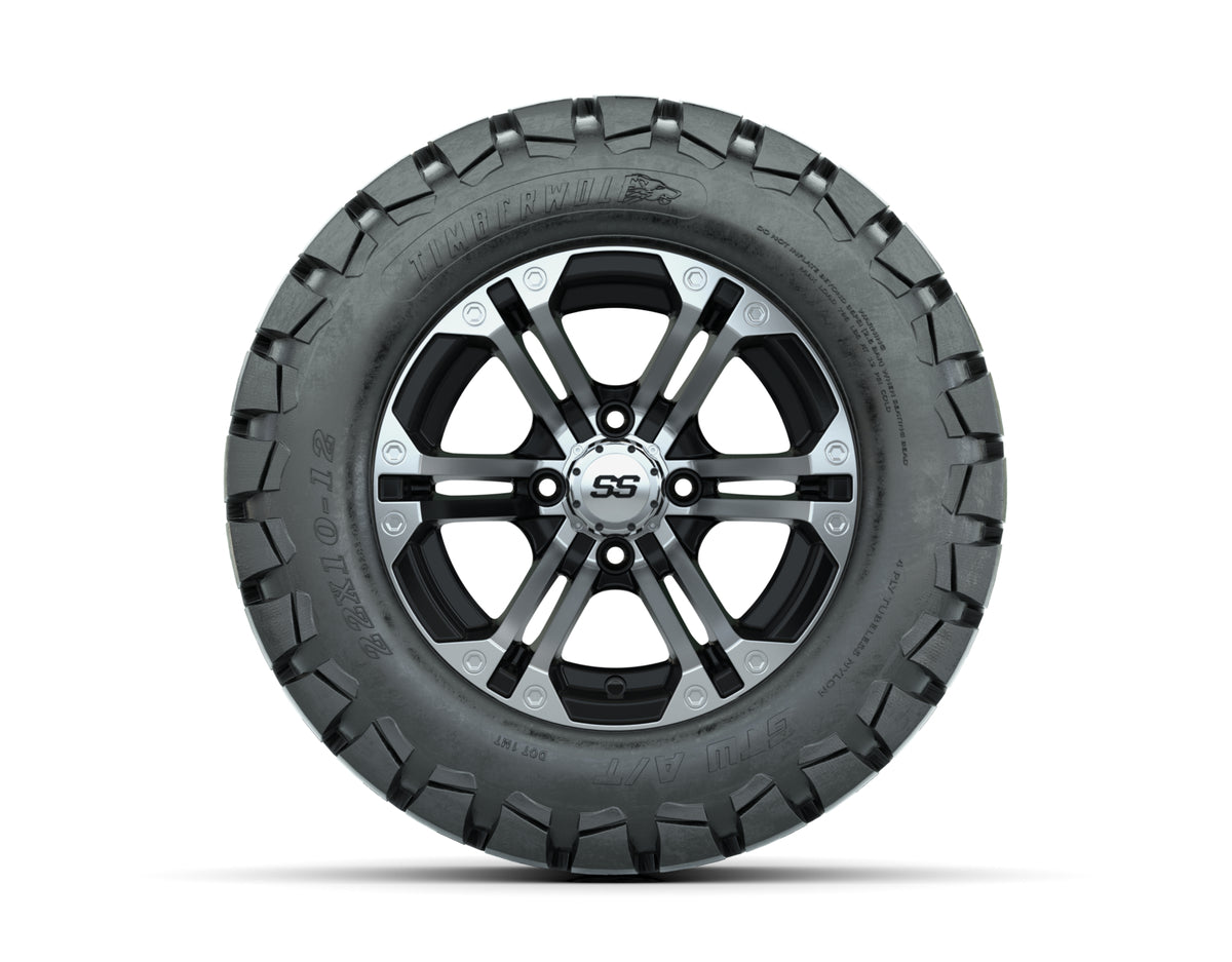 12 GTW Specter Black/Machined Lifted Golf Cart Wheels on 22 Trail Tires - Set of 4
