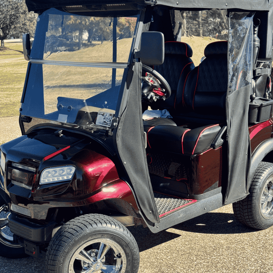Customer golf cart with Lazy Life custom high-back front seats installed