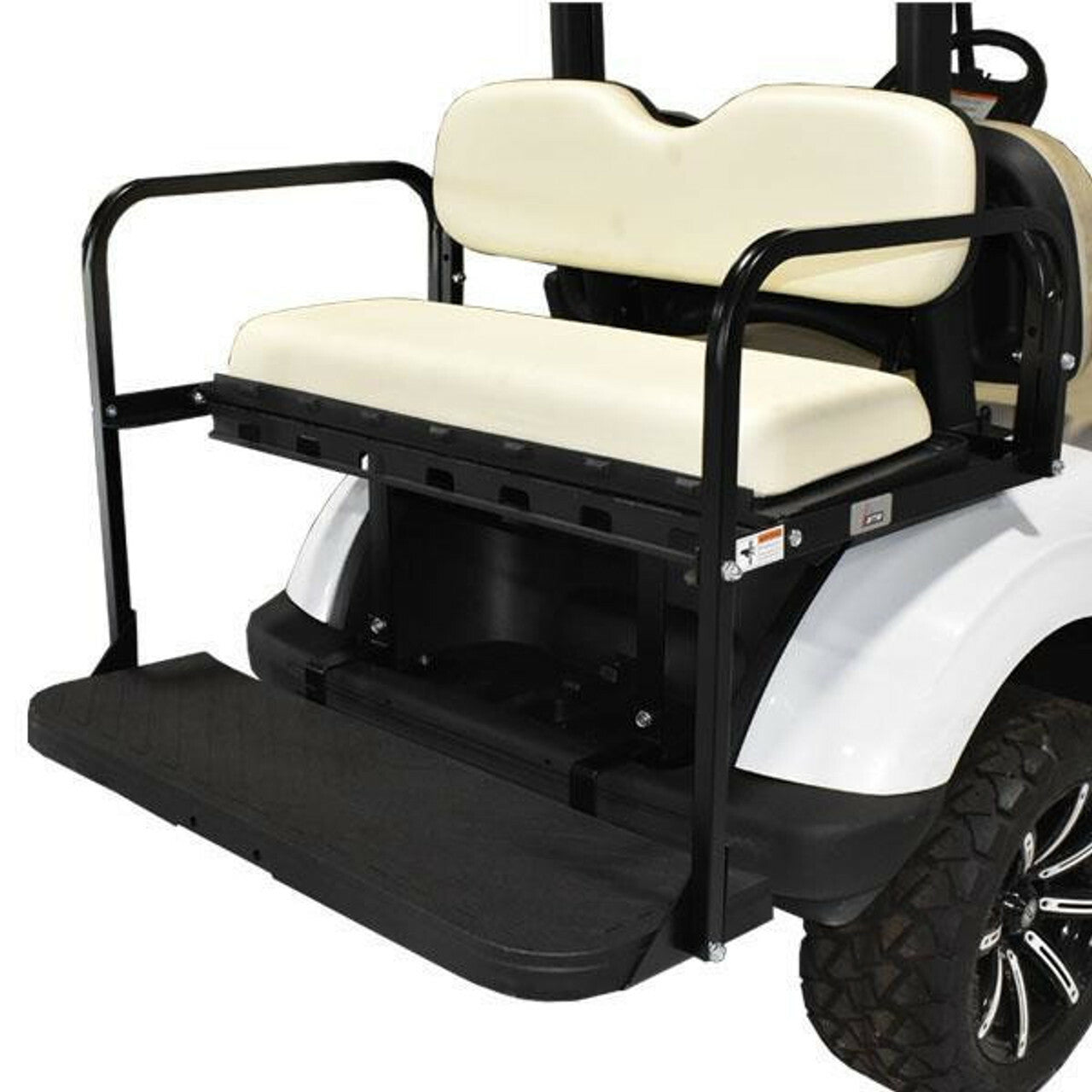 Yamaha Drive2 golf cart rear seat kit with cream cushions and folding cargo platform