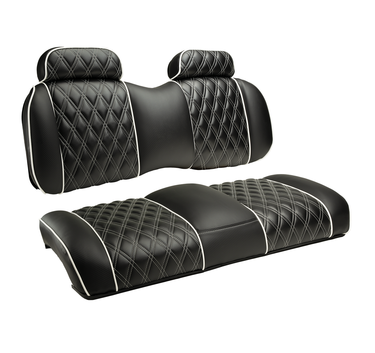 Club Car custom black and white diamond-stitched front seat cushions with headrests