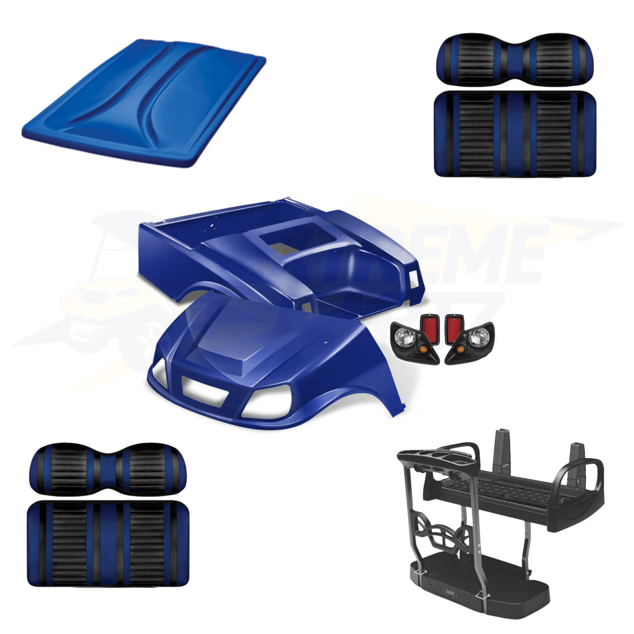 Club Car DS Rebuild Kits – blue body, black seats, rear platform