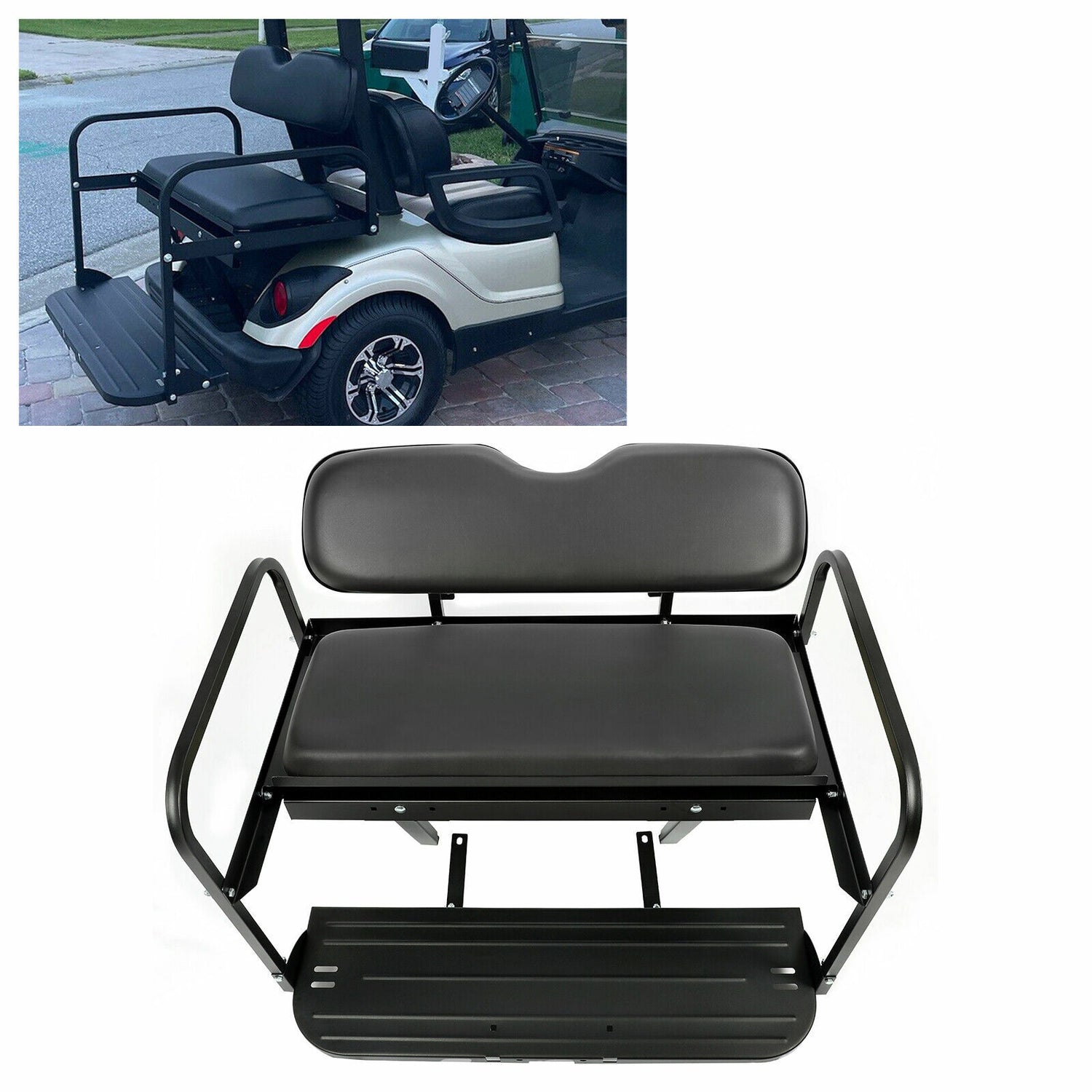 Yamaha Drive golf cart rear seat kit with black cushions and folding cargo platform