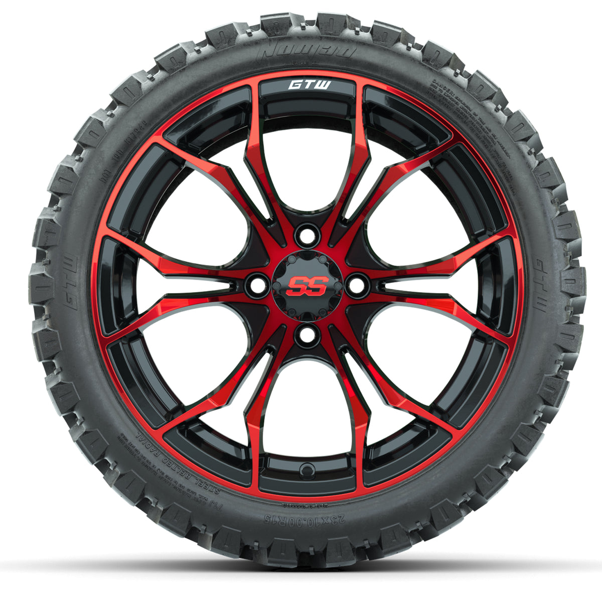 Set of (4) 15" GTW Spyder Red/Black Wheels with 23x10-R15 Nomad All-Terrain Tires
