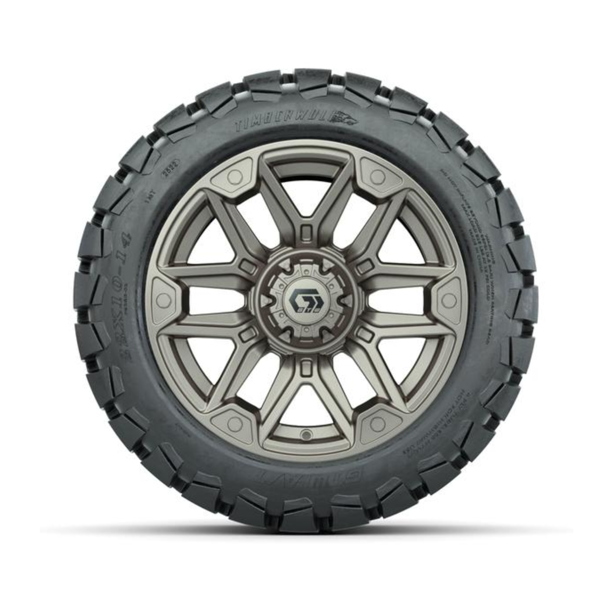 GTW® Graffiti Satin Bronze 14 in Wheels with 22x10-14 Timberwolf All-Terrain Tires – Full Set