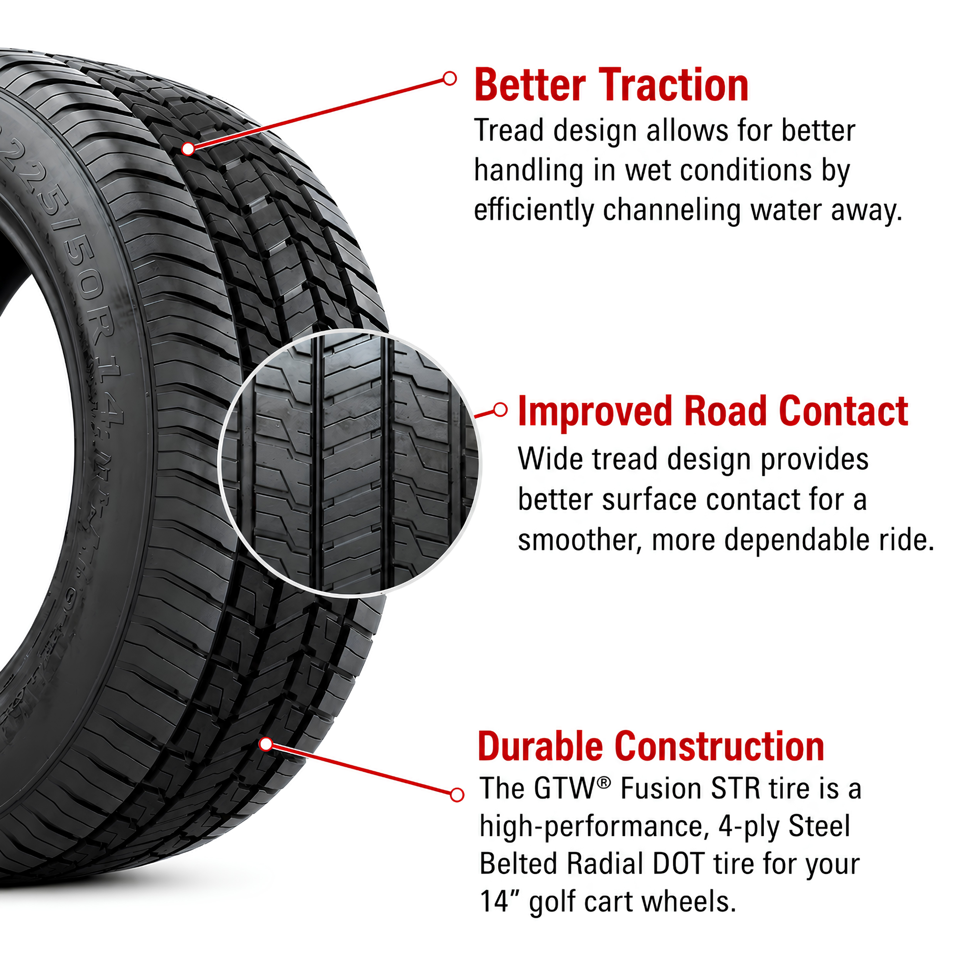 GTW® Fusion STR 225/50-R14 DOT-Approved Steel-Belted Radial Golf Cart Tire