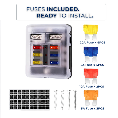6 Way Fuse Block,12V Blade Fuse 6 Circuit ATC/ATO Waterproof Fuse Box Holder with LED Indicator Waterpoof Cover