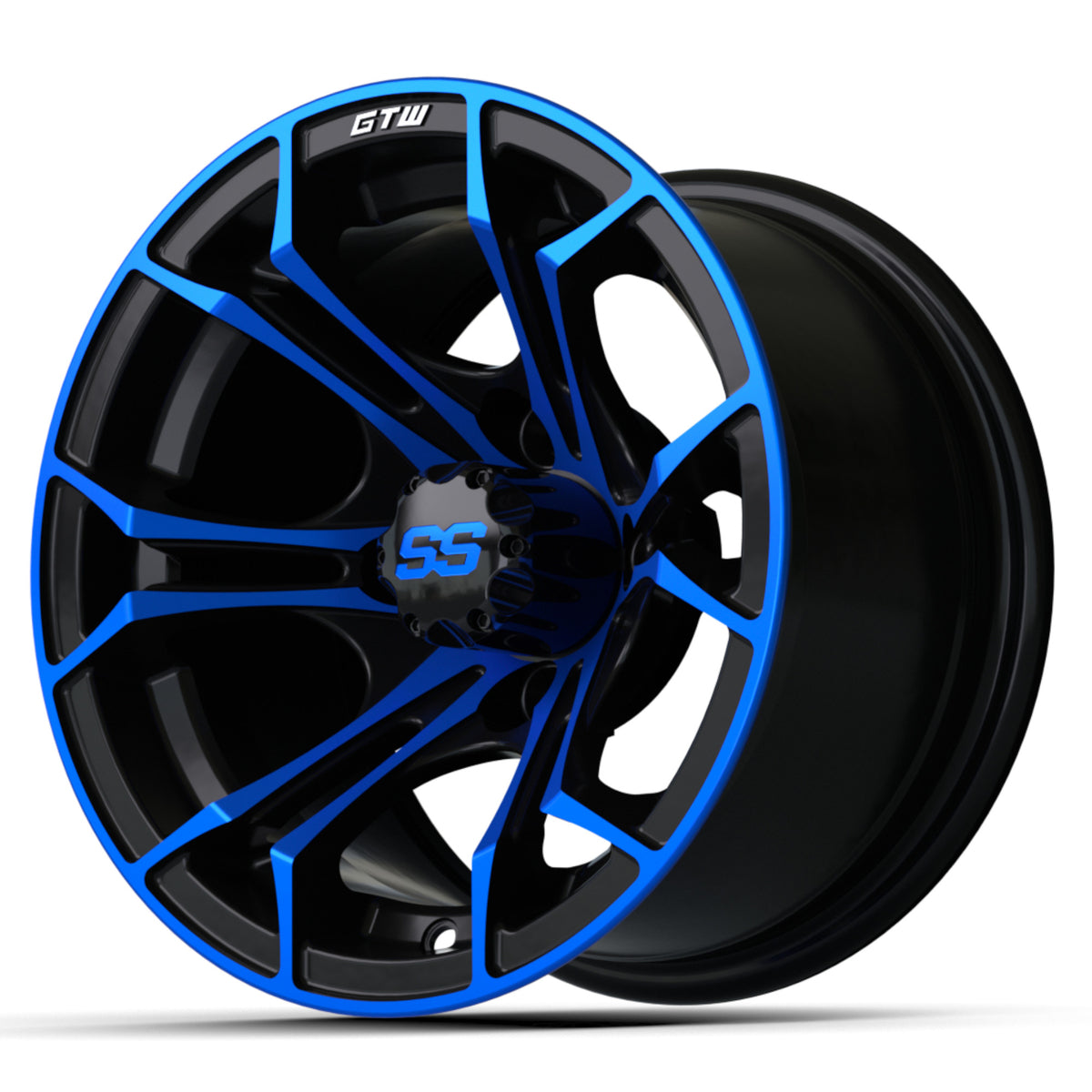 Wheel 12X7 Spyder, Et-.25 Blk/Blue w/SS Cap