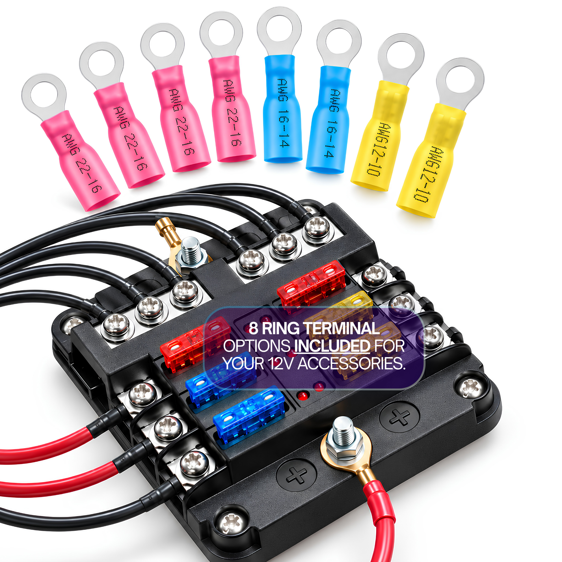 6 Way Fuse Block,12V Blade Fuse 6 Circuit ATC/ATO Waterproof Fuse Box Holder with LED Indicator Waterpoof Cover