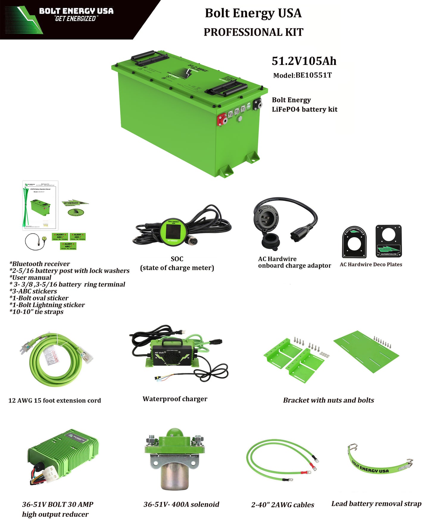 Bolt Energy 105AH 48 Volt Professional Kit - THIN HIGH OUTPUT GOLF CART LITHIUM BATTERY