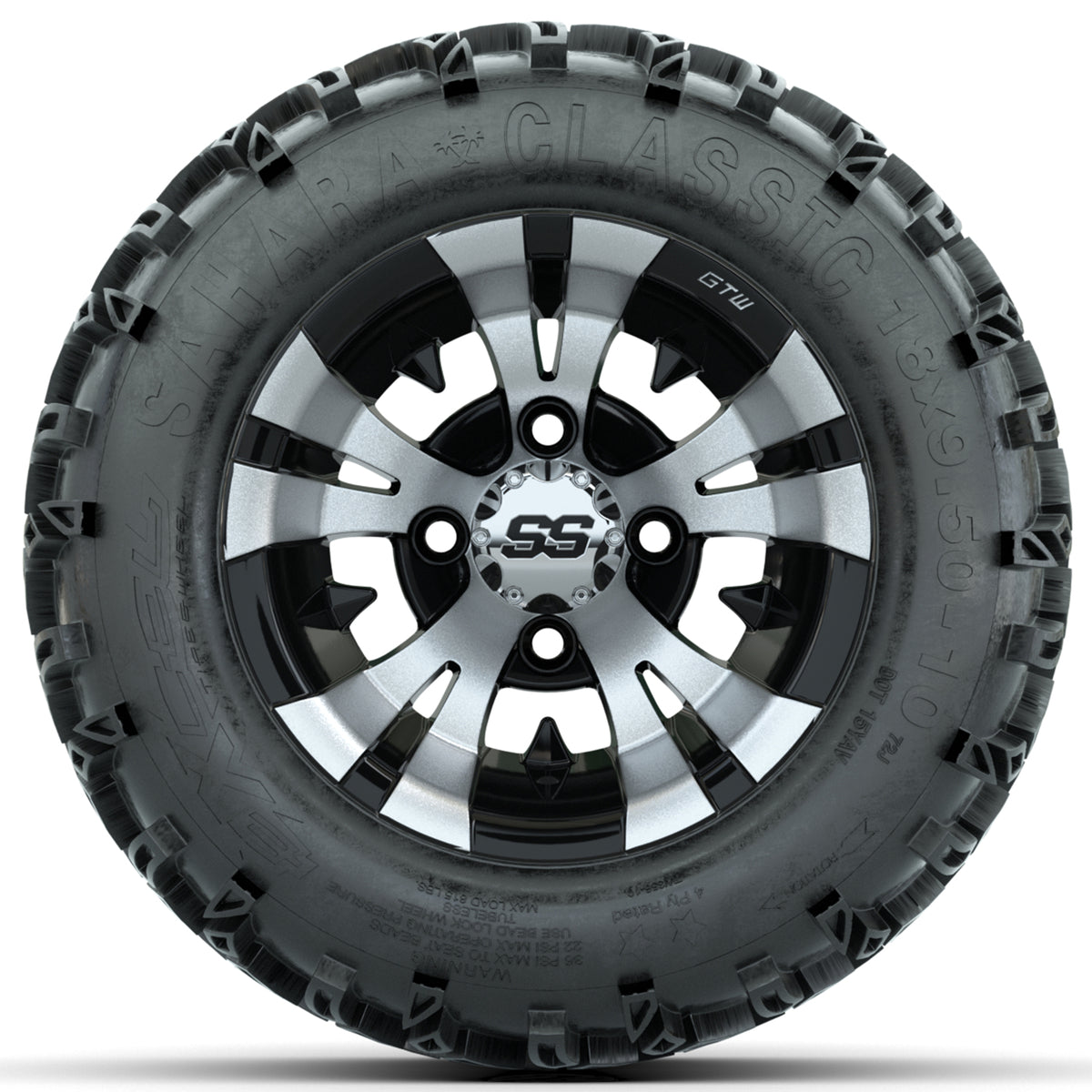 Set of (4) 10 in GTW Vampire Wheels with 18x9.5-10 Sahara Classic All Terrain Tires