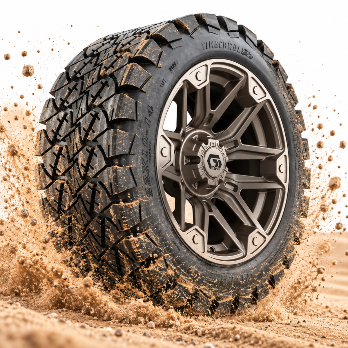 GTW® Graffiti Satin Bronze 14 in Wheels with 22x10-14 Timberwolf All-Terrain Tires – Full Set