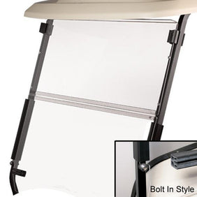 Red Dot clear folding acrylic windshield for EZGO TXT 2+2 golf cart, raised position