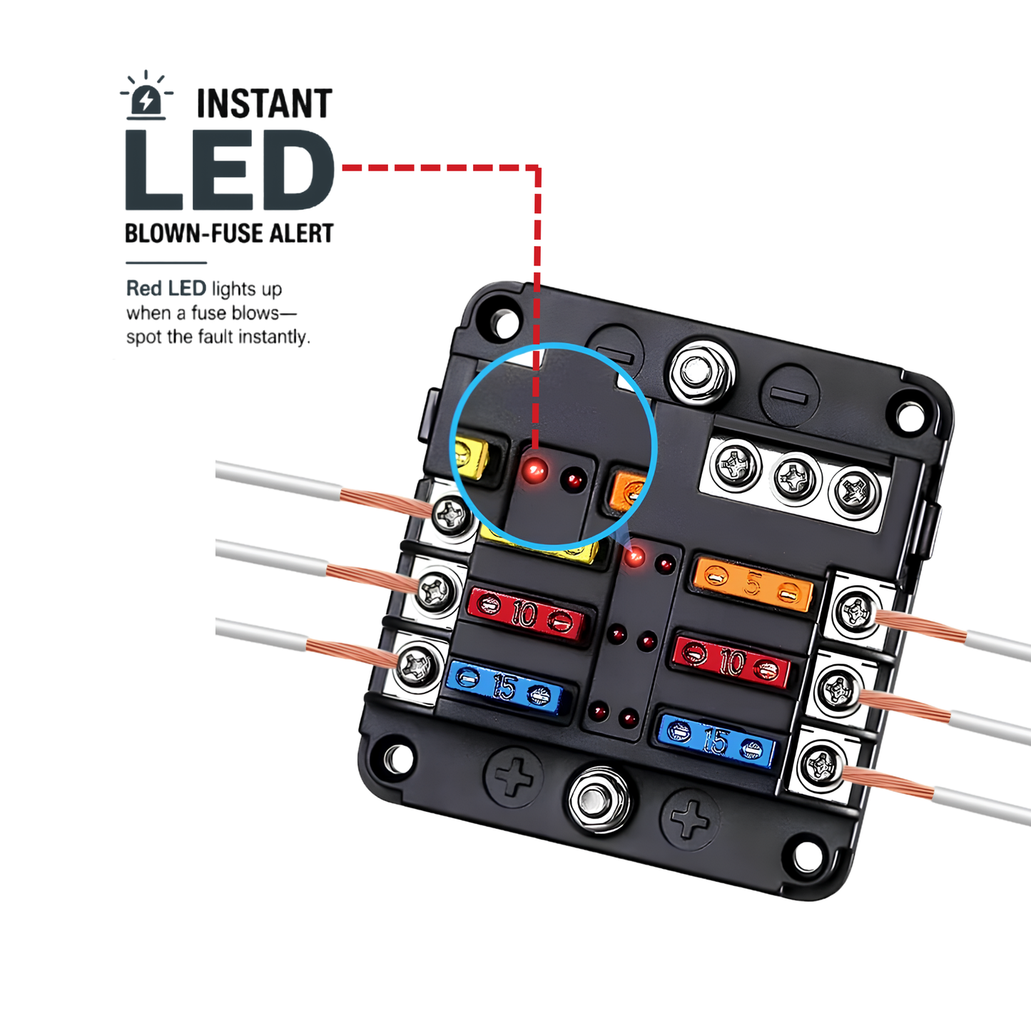 6 Way Fuse Block,12V Blade Fuse 6 Circuit ATC/ATO Waterproof Fuse Box Holder with LED Indicator Waterpoof Cover