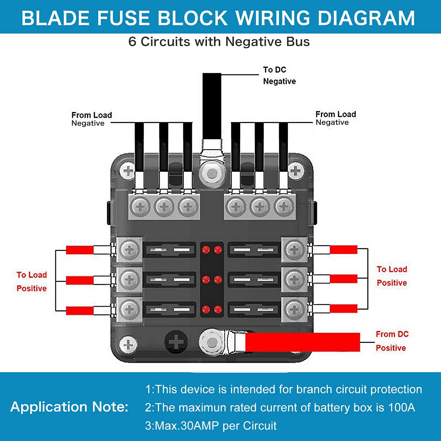 6 Way Fuse Block,12V Blade Fuse 6 Circuit ATC/ATO Waterproof Fuse Box Holder with LED Indicator Waterpoof Cover