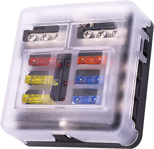 6 Way Fuse Block,12V Blade Fuse 6 Circuit ATC/ATO Waterproof Fuse Box Holder with LED Indicator Waterpoof Cover