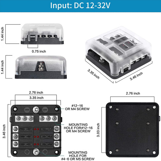 6 Way Fuse Block,12V Blade Fuse 6 Circuit ATC/ATO Waterproof Fuse Box Holder with LED Indicator Waterpoof Cover