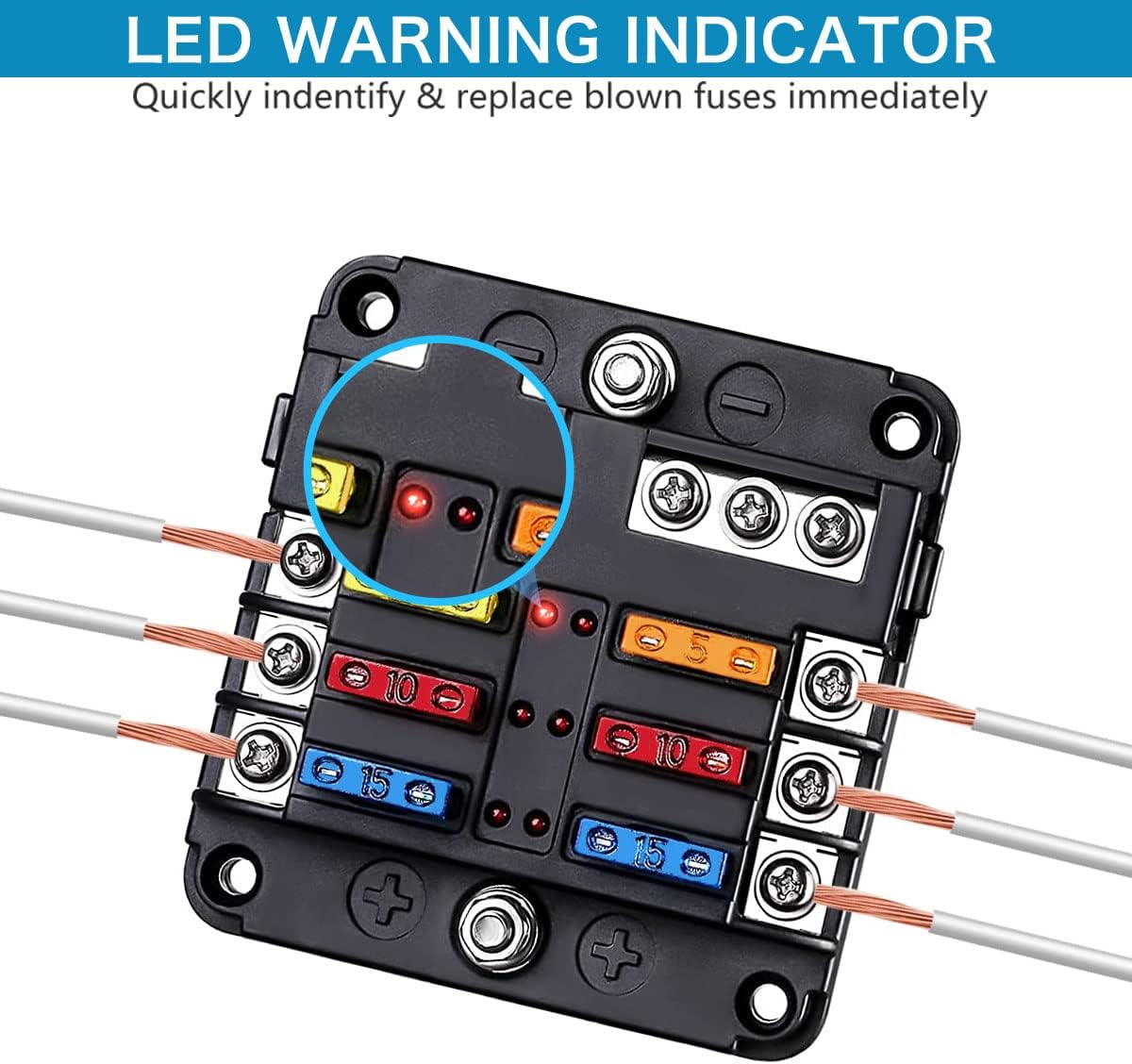 6 Way Fuse Block,12V Blade Fuse 6 Circuit ATC/ATO Waterproof Fuse Box Holder with LED Indicator Waterpoof Cover