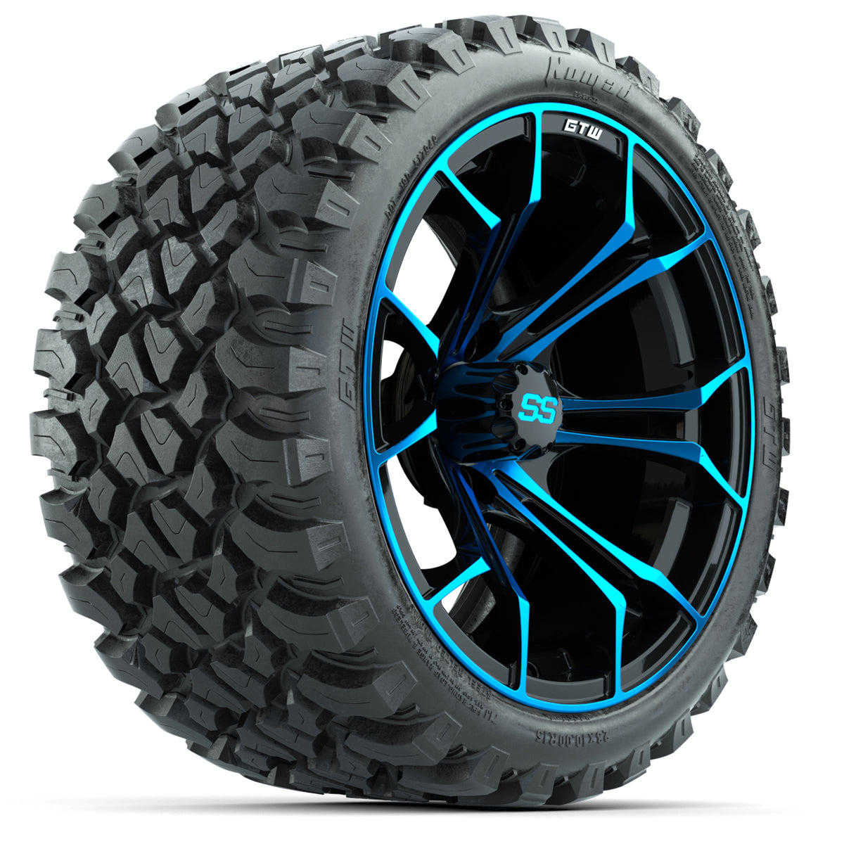 Set of (4) 15″ GTW Spyder Blue/Black Wheels with 23x10-R15 Nomad All-Terrain Tires