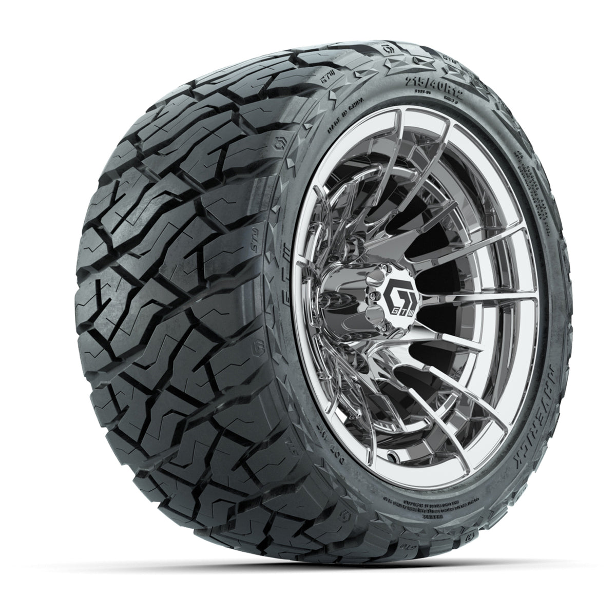 12" GTW Boost Wheels Chrome and Maverick 215/40-R12 Low Profile All Terrain Tires Combo Set of 4