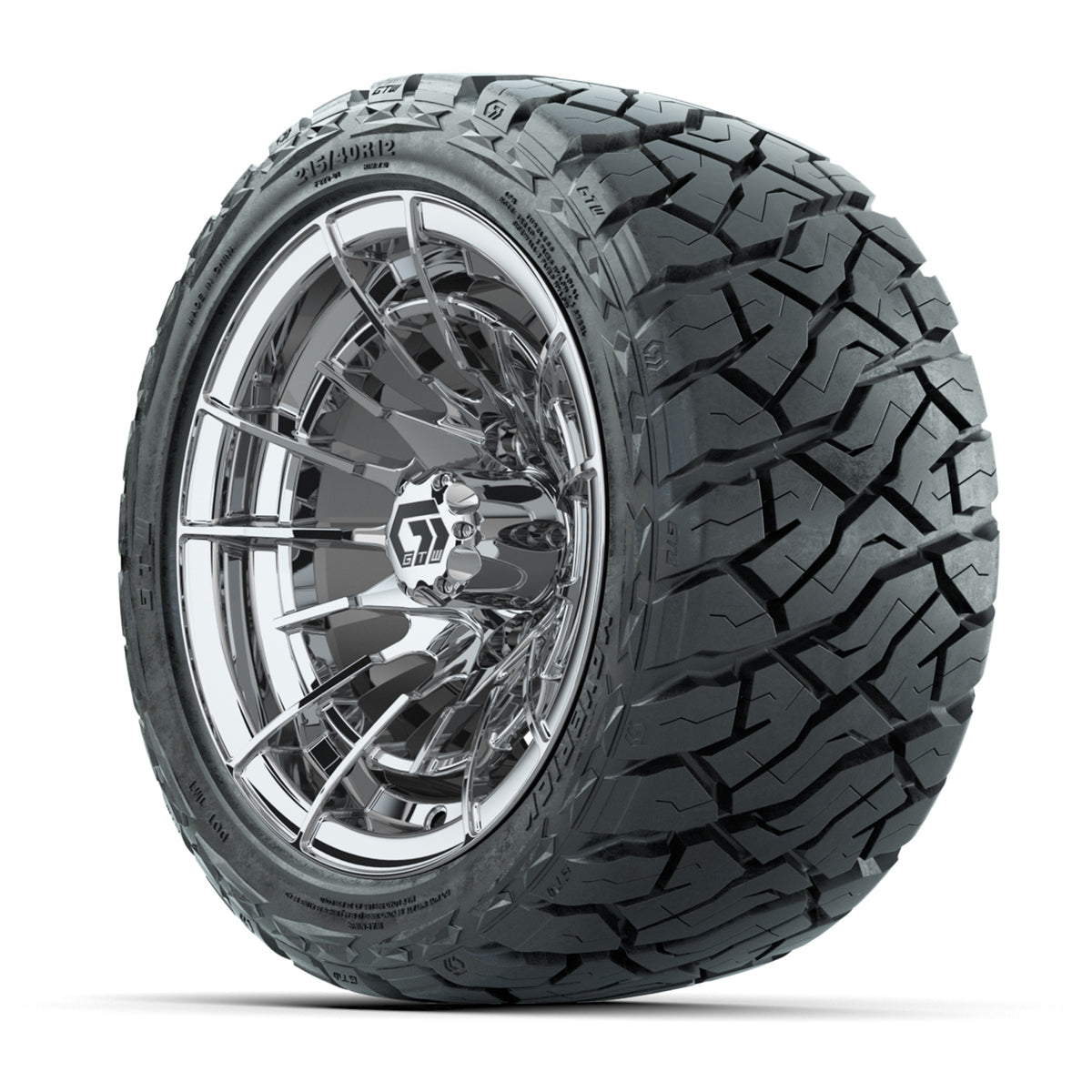12" GTW Boost Wheels Chrome and Maverick 215/40-R12 Low Profile All Terrain Tires Combo Set of 4