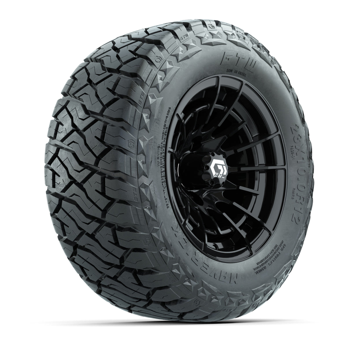 12" GTW Boost Wheels Gloss Black and Maverick Low Profile All Terrain Tires Combo Set of 4