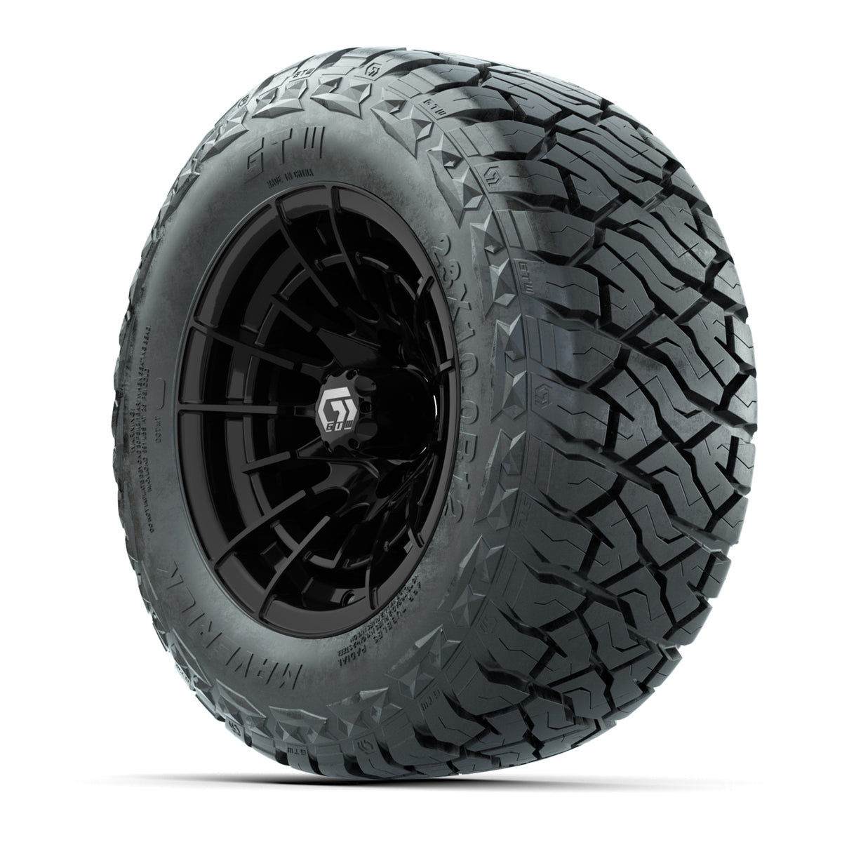 12" GTW Boost Wheels Gloss Black and Maverick Low Profile All Terrain Tires Combo Set of 4