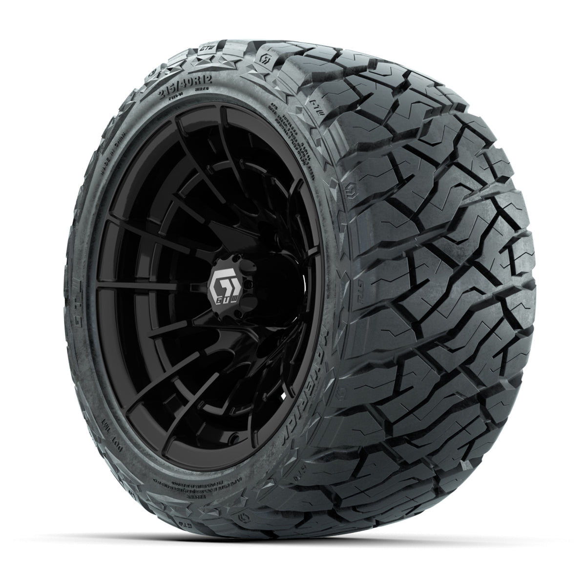 12" GTW Boost Wheels Gloss Black and Maverick Low Profile All Terrain Tires Combo Set of 4