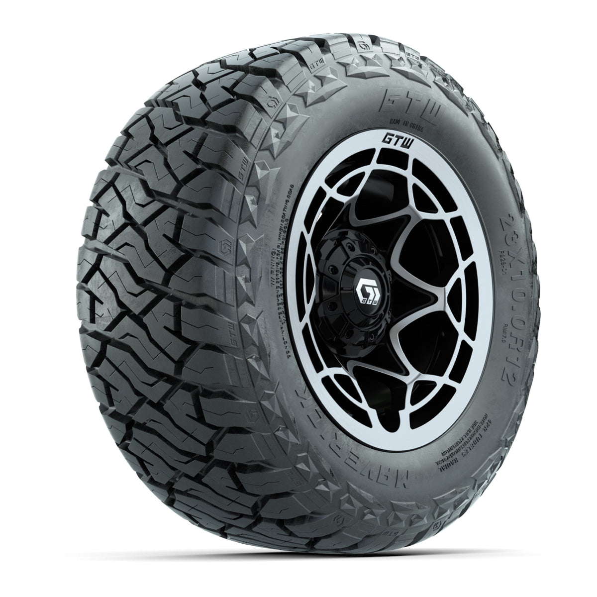 12" GTW Nexus Wheels Black/Machined and Maverick 23x10.00-R12 All Terrain Tires Combo Set of 4