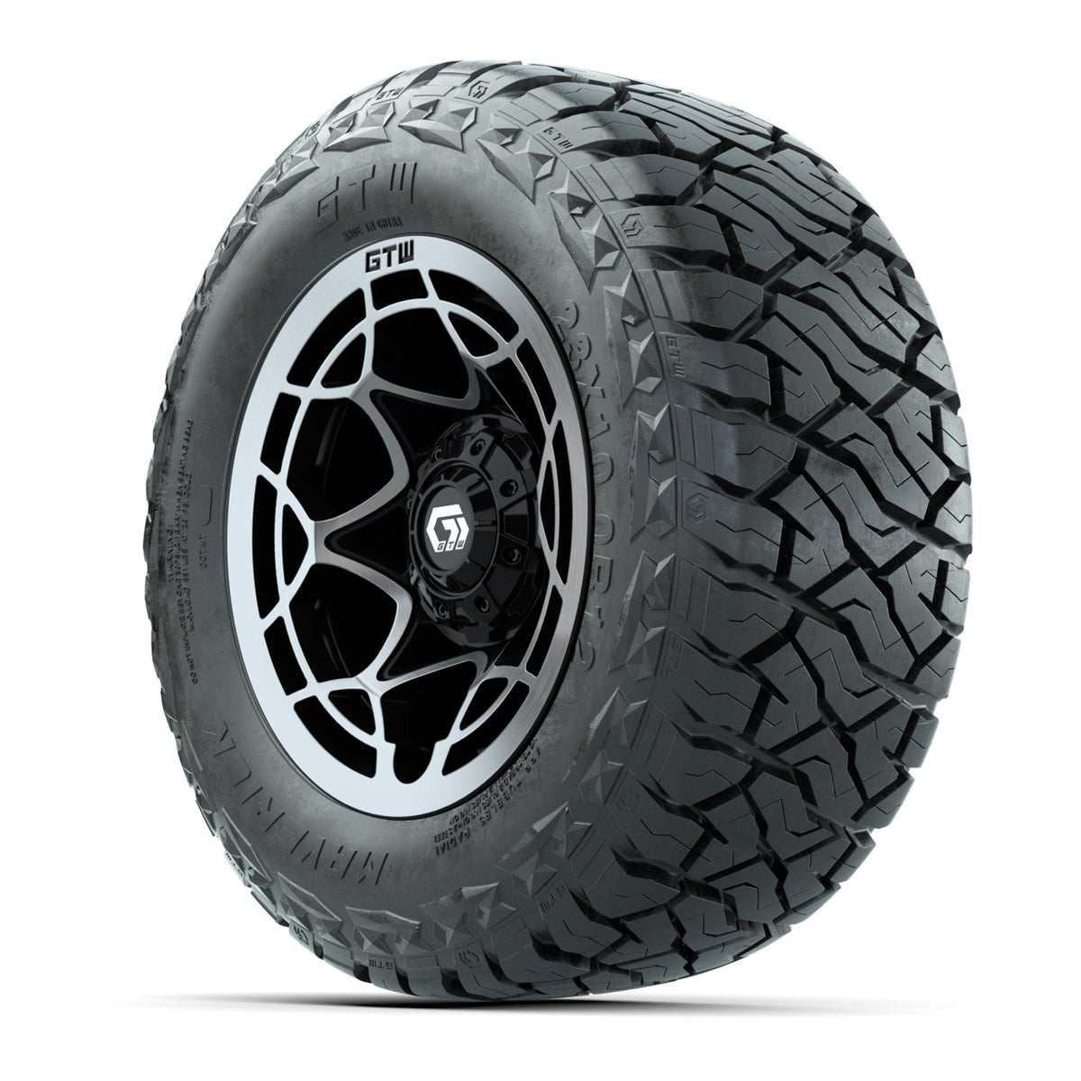12" GTW Nexus Wheels Black/Machined and Maverick 23x10.00-R12 All Terrain Tires Combo Set of 4