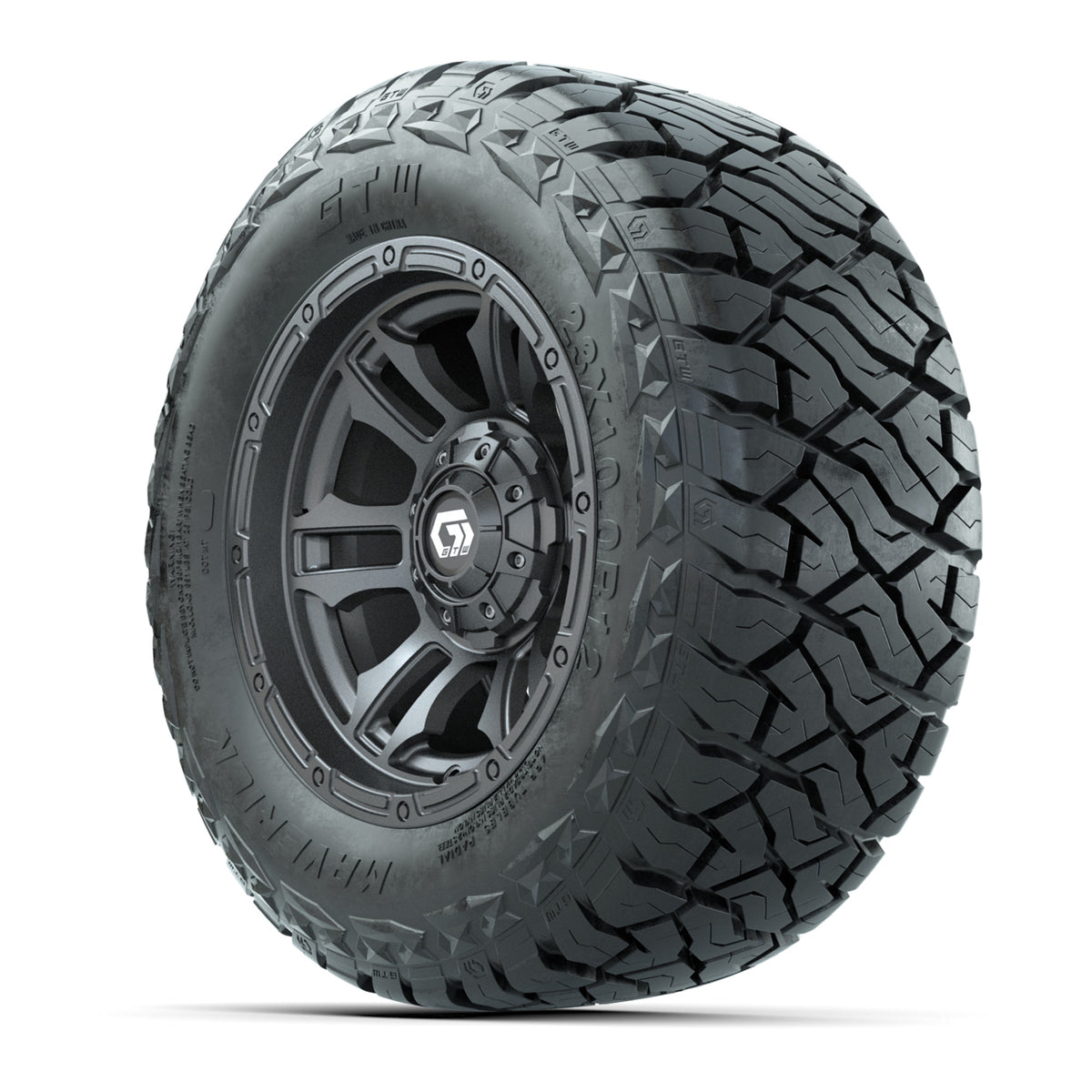 12" GTW Shogun Wheels Gloss Gunmetal and Maverick Low Profile & All Terrain Tires Combo Set of 4