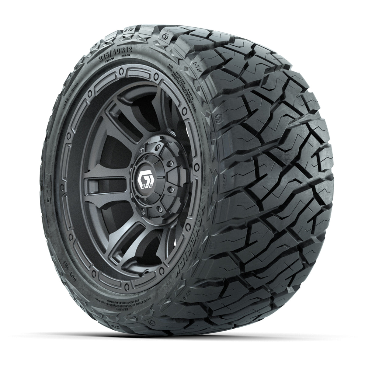 12" GTW Shogun Wheels Gloss Gunmetal and Maverick Low Profile & All Terrain Tires Combo Set of 4