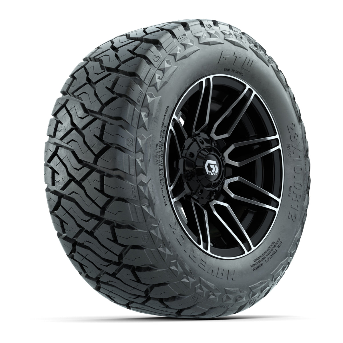 12" GTW Stealth Wheels Machined Black and Maverick 23x10.00-R12 All Terrain Tires Combo Set of 4