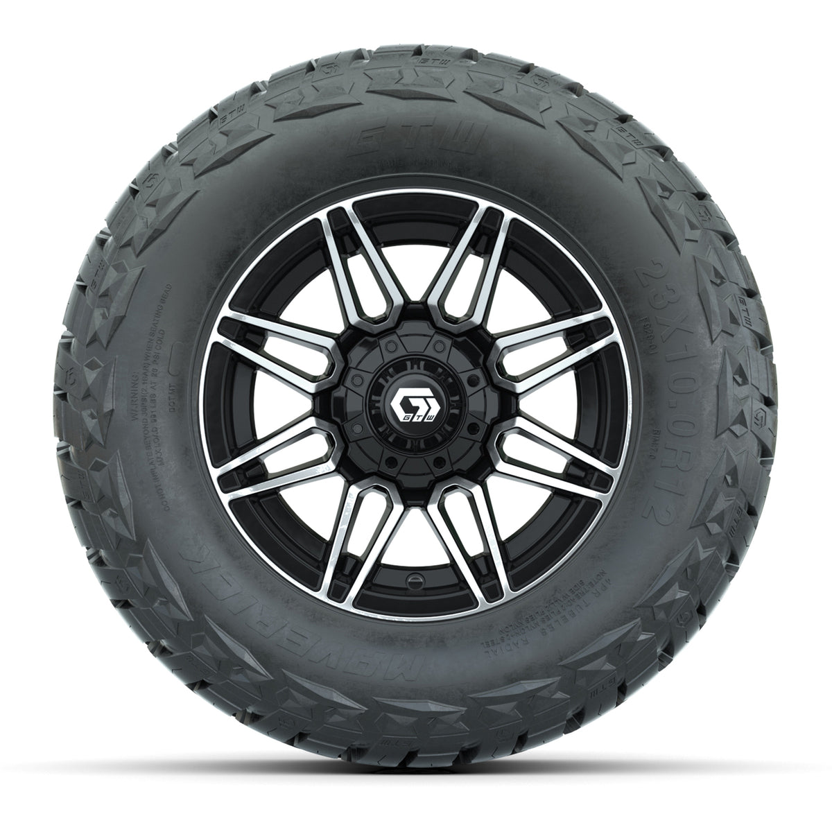 12" GTW Stealth Wheels Machined Black and Maverick 23x10.00-R12 All Terrain Tires Combo Set of 4