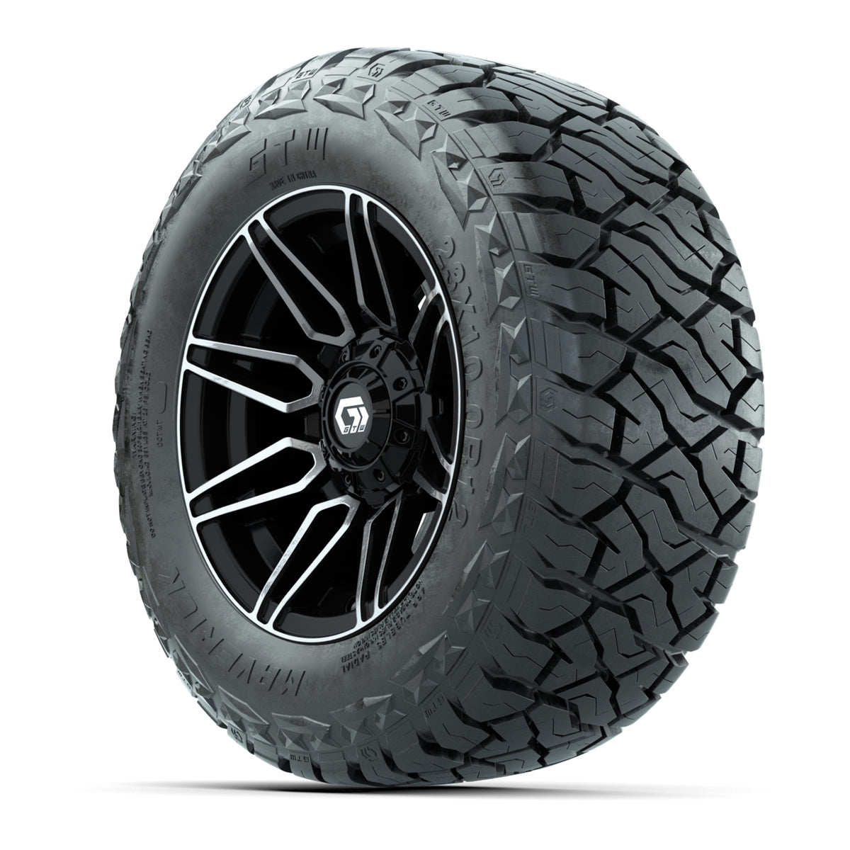 12" GTW Stealth Wheels Machined Black and Maverick 23x10.00-R12 All Terrain Tires Combo Set of 4